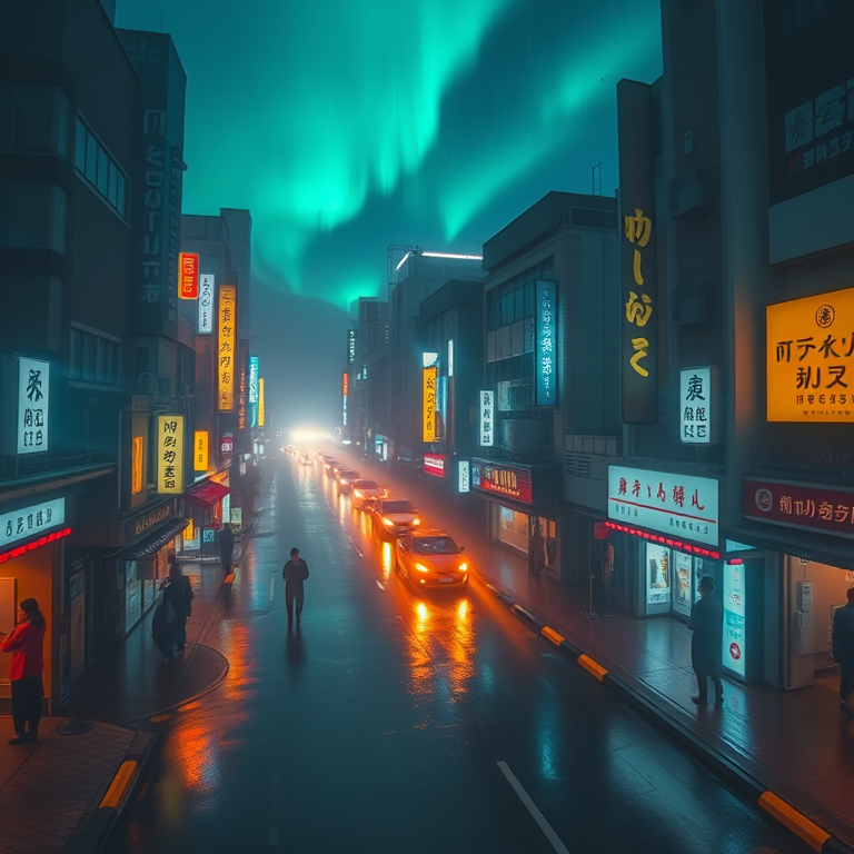 concept art, a rain-soaked Tokyo street at night, in early morning mist, with aurora in sky, teal and orange, aerial drone perspective, moody atmospheric lighting, masterpiece quality, energetic and vibrant