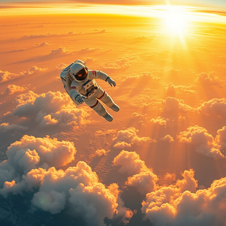 pencil sketch, an astronaut floating above Earth, during twilight, with dramatic cloud formations, golden warm palette, panoramic view, natural light, professional photography, energetic and vibrant