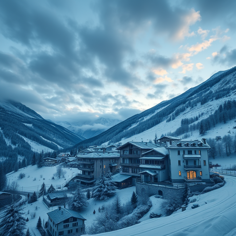 hyper-realistic render, a snowy alpine village, at dawn, with dramatic cloud formations, cool blue tones, telephoto compression, natural light, ultra high resolution, awe-inspiring and grand