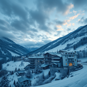 hyper-realistic render, a snowy alpine village, at dawn, with dramatic cloud formations, cool blue tones, telephoto compression, natural light, ultra high resolution, awe-inspiring and grand