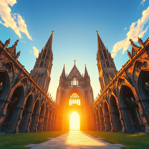 anime style, an abandoned Gothic cathedral, at sunrise, with clear blue sky, golden warm palette, wide angle view, studio quality lighting, sharp focus, energetic and vibrant