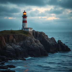 realistic photo, a lighthouse on rocky cliffs, during twilight, with rain reflections, warm tones, telephoto compression, natural light, award-winning composition, peaceful and serene