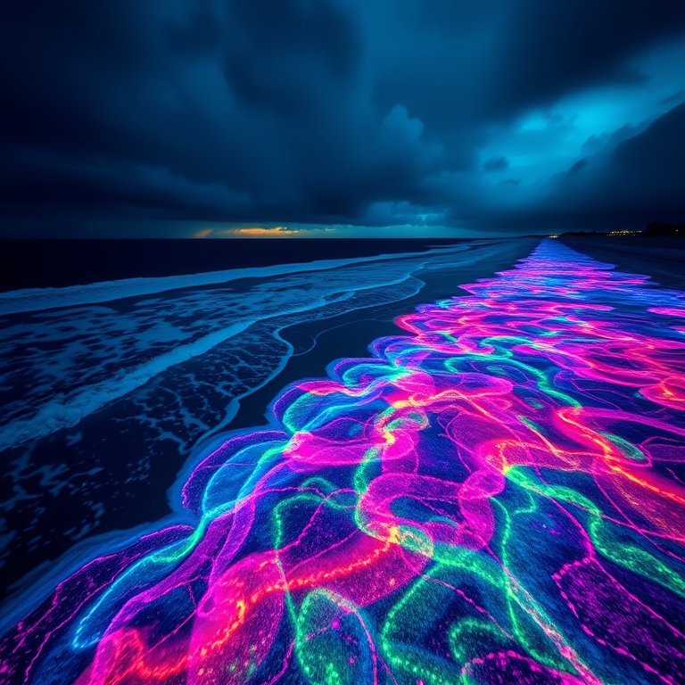 abstract art, a bioluminescent ocean beach at night, during a storm, with rainbow in background, high contrast, bird eye view, studio quality lighting, sharp focus, energetic and vibrant