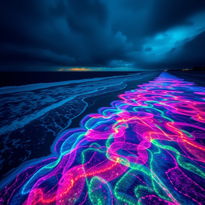 abstract art, a bioluminescent ocean beach at night, during a storm, with rainbow in background, high contrast, bird eye view, studio quality lighting, sharp focus, energetic and vibrant