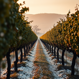 realistic photo, an Italian vineyard in Tuscany, during golden hour, with snow falling, golden warm palette, close-up detail shot, studio quality lighting, award-winning composition, melancholic and contemplative