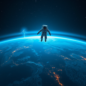 minimalist design, an astronaut floating above Earth, at night under stars, with lightning in distance, cool blue tones, wide angle view, neon glow, 8K UHD, cozy and warm