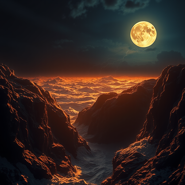 realistic photo, a deep ocean trench scene, under a full moon, with lightning in distance, golden warm palette, macro extreme close-up, moody atmospheric lighting, ultra high resolution, awe-inspiring and grand