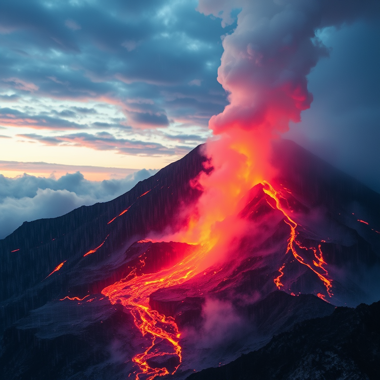 watercolor painting, a volcanic eruption with lava, at dawn, with rain reflections, high contrast, telephoto compression, neon glow, sharp focus, mysterious and ethereal