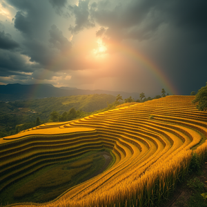 oil painting, a terraced rice paddy in Bali, during a storm, with rainbow in background, golden warm palette, telephoto compression, backlit with sun flare, sharp focus, awe-inspiring and grand