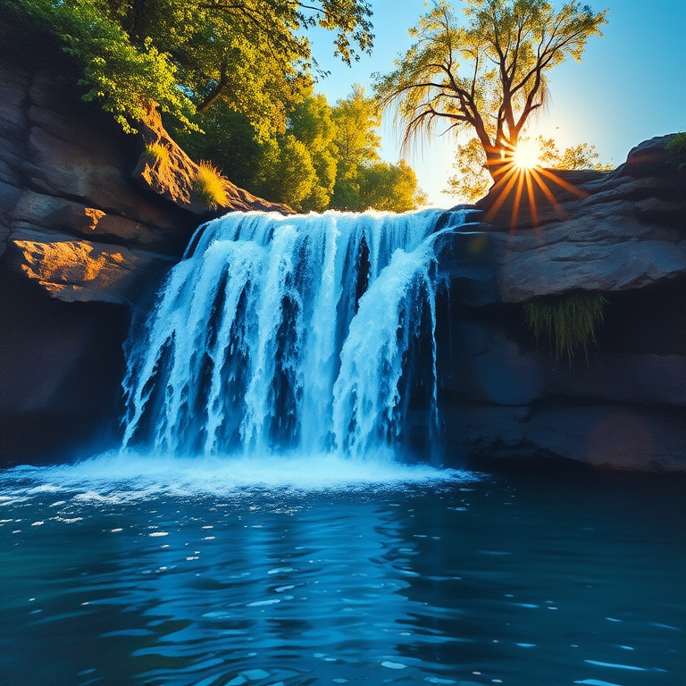 impressionist painting, a waterfall cascading into a pool, at sunrise, with clear blue sky, deep rich jewel tones, close-up detail shot, dappled light through trees, sharp focus, peaceful and serene