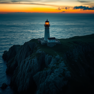cinematic shot, a lighthouse on rocky cliffs, at sunset, with gentle breeze, high contrast, tilt-shift miniature effect, natural light, masterpiece quality, dramatic and powerful