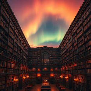 retro vintage photo, a grand library with tall bookshelves, at sunset, with aurora in sky, warm tones, bird eye view, natural light, professional photography, romantic and dreamy