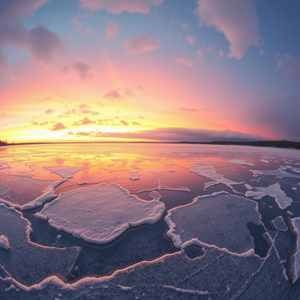 oil painting, a frozen lake with ice patterns, during twilight, with lightning in distance, warm tones, fish-eye lens, soft diffused lighting, sharp focus, cozy and warm