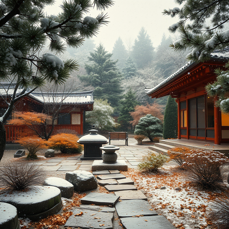 oil painting, a Japanese zen garden, at midday, with snow falling, warm tones, low angle dramatic perspective, soft diffused lighting, professional photography, energetic and vibrant