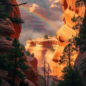impressionist painting, a canyon with layered red rock, in early morning mist, with rainbow in background, warm tones, close-up detail shot, dappled light through trees, award-winning composition, cozy and warm