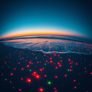 impressionist painting, a bioluminescent ocean beach at night, at dawn, with clear blue sky, teal and orange, fish-eye lens, neon glow, RAW photo, mysterious and ethereal