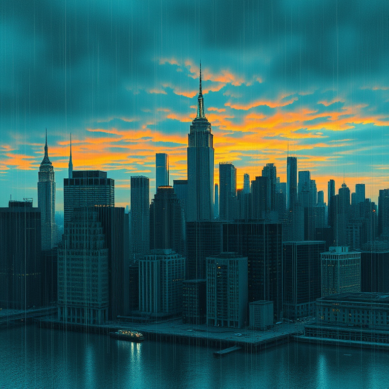 charcoal drawing, a New York City skyline at night, at sunset, with rain reflections, teal and orange, wide angle view, volumetric light rays, highly detailed, awe-inspiring and grand