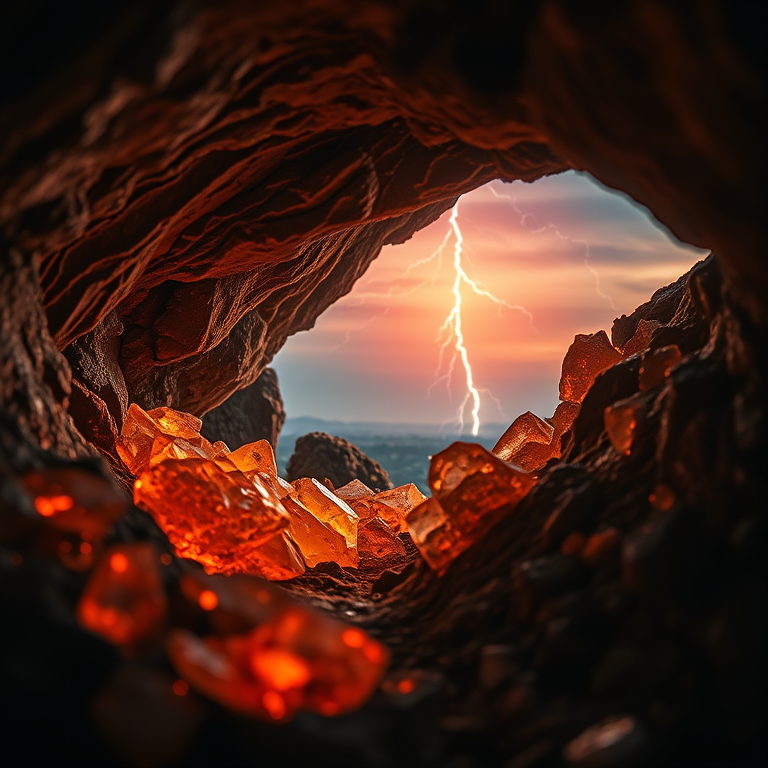 retro vintage photo, a crystal cave with glowing minerals, at midday, with lightning in distance, warm tones, tilt-shift miniature effect, neon glow, award-winning composition, dark and moody