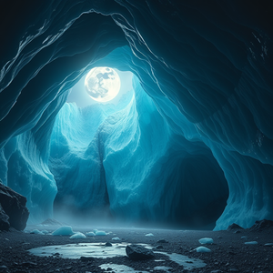 cinematic shot, an ice cave with blue glacial walls, under a full moon, with misty atmosphere, muted earth tones, wide angle view, volumetric light rays, photorealistic, cozy and warm