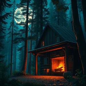 anime style, a cozy cabin in the woods with fireplace, under a full moon, with rain reflections, teal and orange, macro extreme close-up, dappled light through trees, 8K UHD, dramatic and powerful