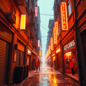 3D render, a neon-lit cyberpunk alleyway, at dawn, with snow falling, golden warm palette, aerial drone perspective, natural light, sharp focus, awe-inspiring and grand