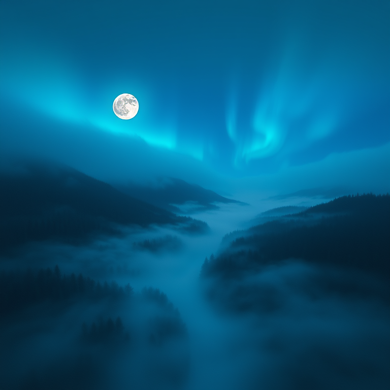 minimalist design, a misty river valley at dawn, under a full moon, with aurora in sky, cool blue tones, aerial drone perspective, volumetric light rays, sharp focus, cozy and warm