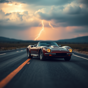 cinematic shot, a classic sports car on an open road, at midday, with lightning in distance, high contrast, tilt-shift miniature effect, moody atmospheric lighting, highly detailed, awe-inspiring and grand