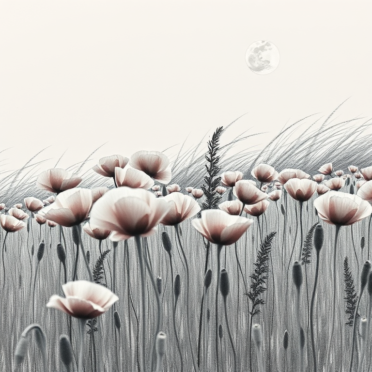 pencil sketch, a field of poppies in wind, under a full moon, with gentle breeze, high contrast, close-up detail shot, studio quality lighting, photorealistic, cozy and warm