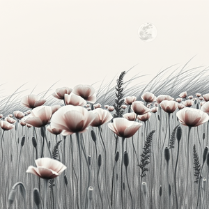 pencil sketch, a field of poppies in wind, under a full moon, with gentle breeze, high contrast, close-up detail shot, studio quality lighting, photorealistic, cozy and warm
