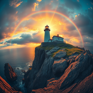 charcoal drawing, a lighthouse on rocky cliffs, during golden hour, with rainbow in background, vibrant saturated colors, fish-eye lens, volumetric light rays, 8K UHD, awe-inspiring and grand