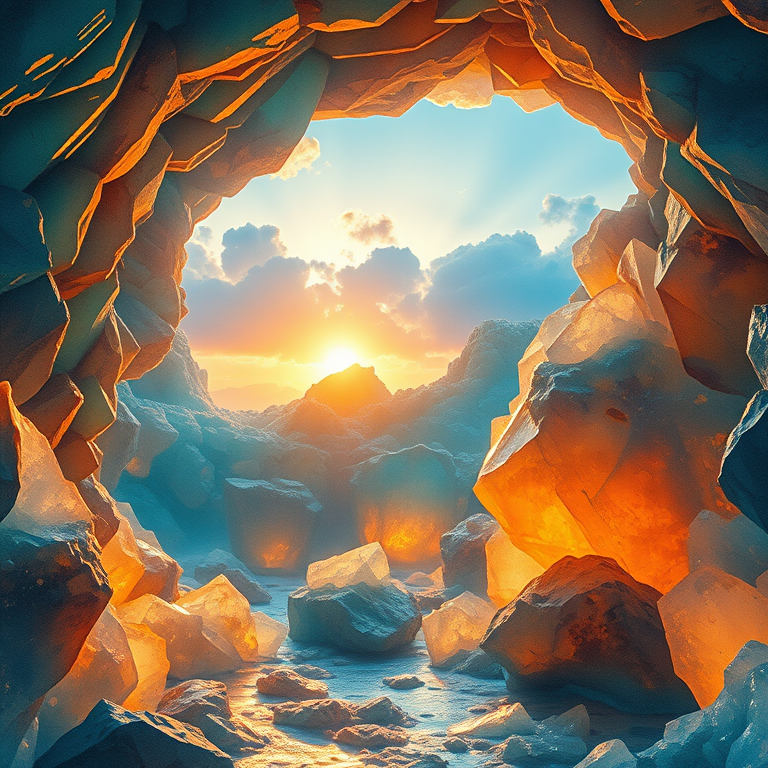 watercolor painting, a crystal cave with glowing minerals, at dawn, with dramatic cloud formations, teal and orange, low angle dramatic perspective, backlit with sun flare, highly detailed, cozy and warm