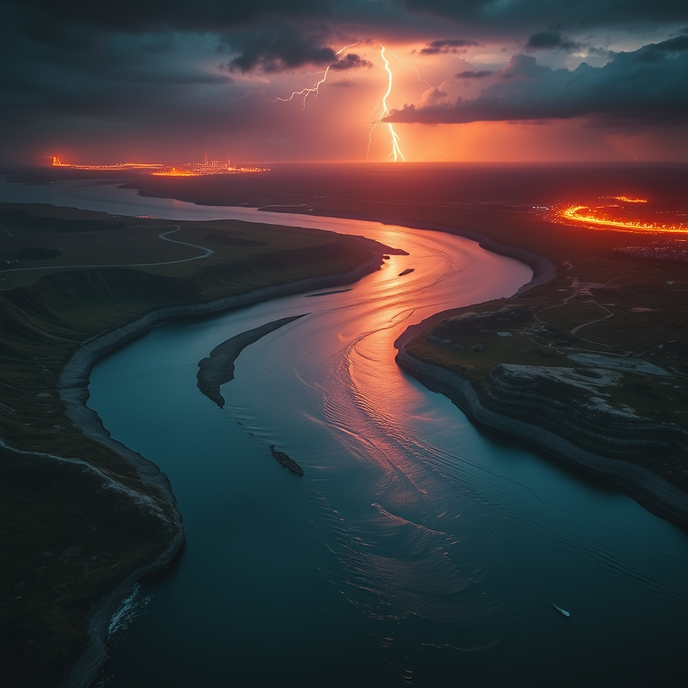 concept art, a drone view of a winding river, at dawn, with lightning in distance, deep rich jewel tones, macro extreme close-up, neon glow, ultra high resolution, dark and moody