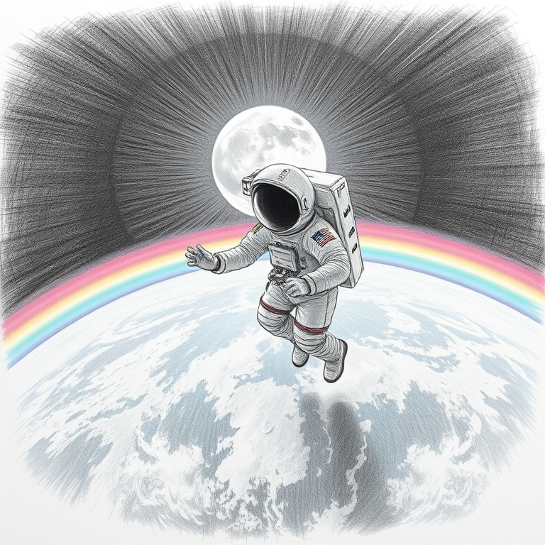 pencil sketch, an astronaut floating above Earth, under a full moon, with rainbow in background, high contrast, fish-eye lens, volumetric light rays, 8K UHD, whimsical and playful