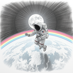 pencil sketch, an astronaut floating above Earth, under a full moon, with rainbow in background, high contrast, fish-eye lens, volumetric light rays, 8K UHD, whimsical and playful