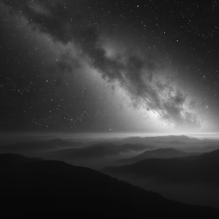 digital art, a deep space nebula with stars, at dawn, with misty atmosphere, monochrome black and white, panoramic view, soft diffused lighting, sharp focus, melancholic and contemplative