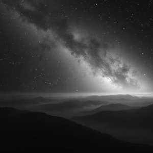 digital art, a deep space nebula with stars, at dawn, with misty atmosphere, monochrome black and white, panoramic view, soft diffused lighting, sharp focus, melancholic and contemplative