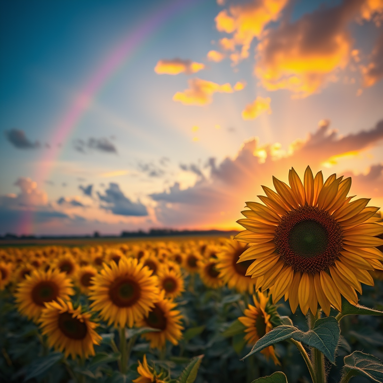 realistic photo, a sunflower field stretching to horizon, at sunset, with rainbow in background, deep rich jewel tones, macro extreme close-up, volumetric light rays, 8K UHD, whimsical and playful