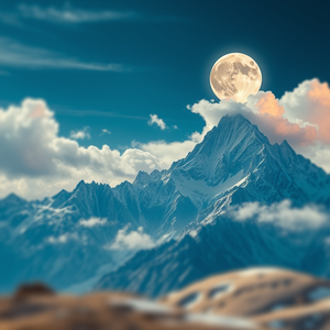 concept art, a majestic mountain landscape, under a full moon, with dramatic cloud formations, pastel soft colors, tilt-shift miniature effect, studio quality lighting, 8K UHD, whimsical and playful