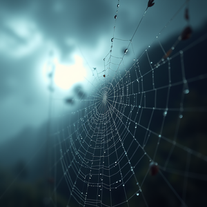 realistic photo, a macro shot of morning dew on spider web, during a storm, with fog rolling in, vibrant saturated colors, low angle dramatic perspective, moody atmospheric lighting, professional photography, melancholic and contemplative