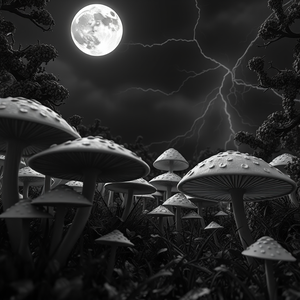 3D render, a fairy tale mushroom forest, under a full moon, with lightning in distance, monochrome black and white, macro extreme close-up, natural light, professional photography, awe-inspiring and grand