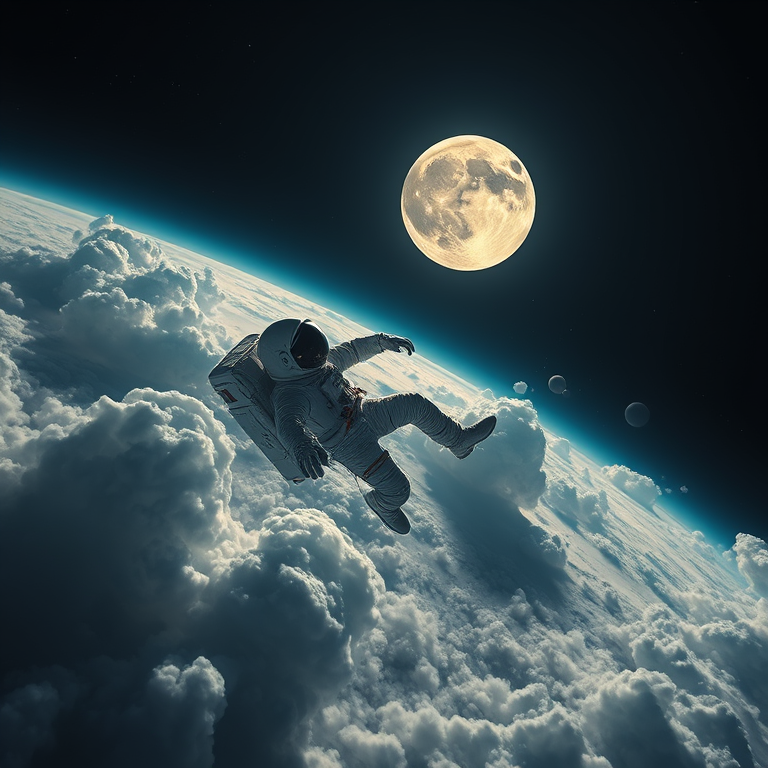 concept art, an astronaut floating above Earth, under a full moon, with dramatic cloud formations, high contrast, close-up detail shot, studio quality lighting, ultra high resolution, energetic and vibrant