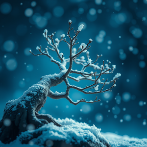 abstract art, a bonsai tree close-up, at midday, with snow falling, cool blue tones, close-up detail shot, rim lighting, award-winning composition, whimsical and playful