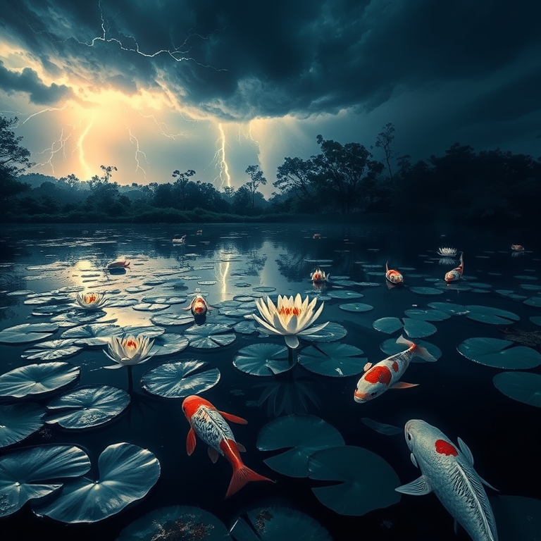 impressionist painting, a koi pond with lily pads, during a storm, with lightning in distance, high contrast, close-up detail shot, volumetric light rays, masterpiece quality, peaceful and serene