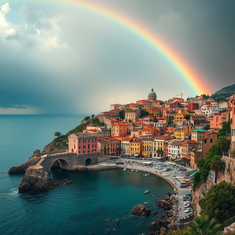 realistic photo, a Mediterranean coastal town, at midday, with rainbow in background, teal and orange, telephoto compression, volumetric light rays, 8K UHD, dramatic and powerful
