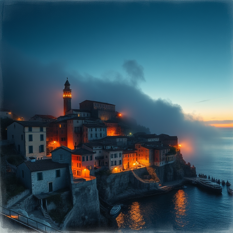pencil sketch, a Mediterranean coastal town, during twilight, with fog rolling in, high contrast, low angle dramatic perspective, moody atmospheric lighting, professional photography, cozy and warm
