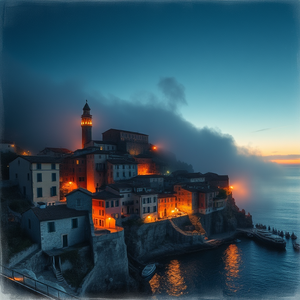 pencil sketch, a Mediterranean coastal town, during twilight, with fog rolling in, high contrast, low angle dramatic perspective, moody atmospheric lighting, professional photography, cozy and warm