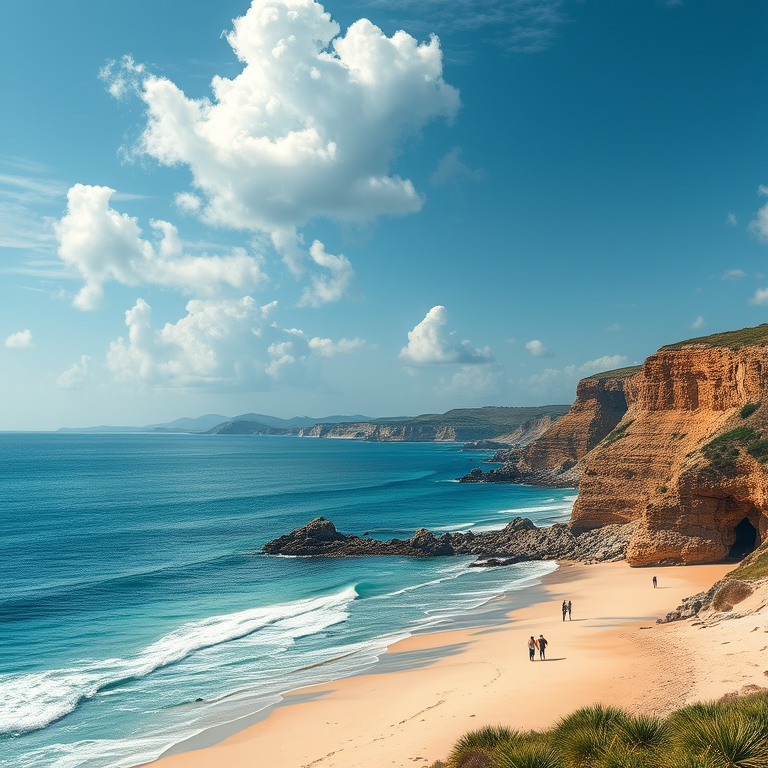 realistic photo, of art nature with sea, sandy beach with people, coastal landscape with land and shoreline