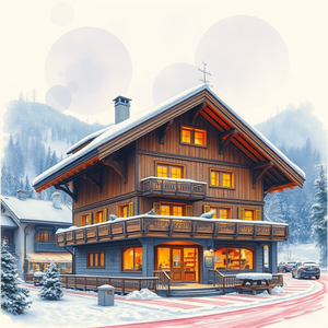 pencil sketch, a Swiss chalet in winter, at dawn, with gentle breeze, vibrant saturated colors, telephoto compression, soft diffused lighting, professional photography, cozy and warm