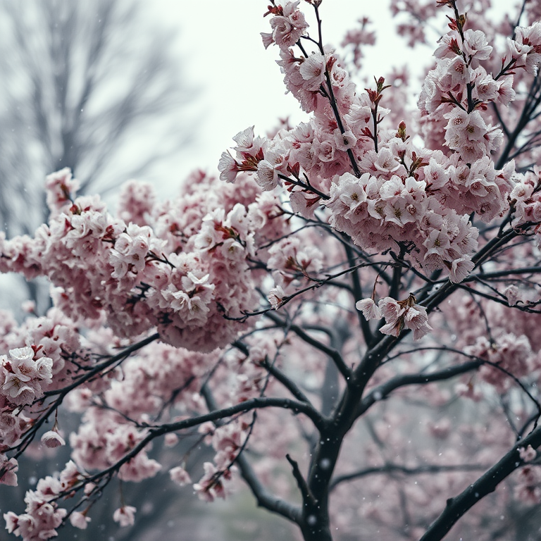 oil painting, a cherry blossom tree in full bloom, at dawn, with snow falling, muted earth tones, telephoto compression, studio quality lighting, highly detailed, melancholic and contemplative