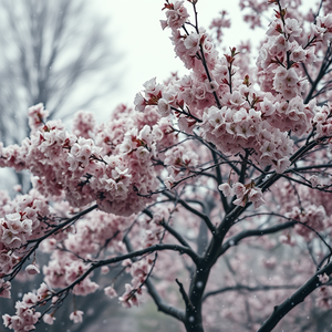 oil painting, a cherry blossom tree in full bloom, at dawn, with snow falling, muted earth tones, telephoto compression, studio quality lighting, highly detailed, melancholic and contemplative